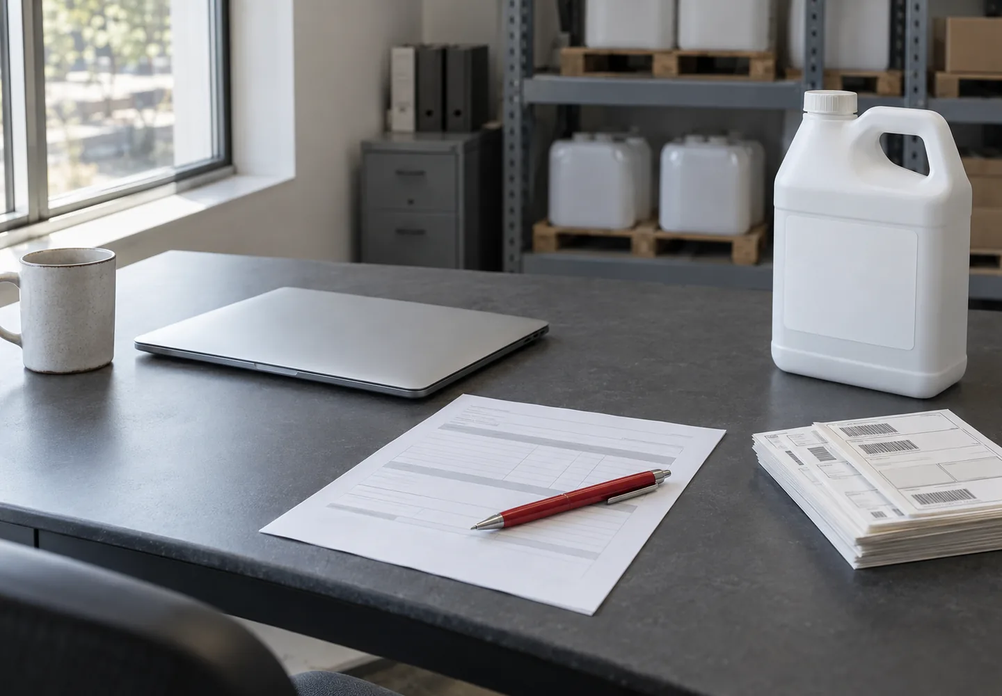 A sales desk in a small chemical warehouse office: a closed laptop, a printed quote sheet with a red pen, a stack of shipping labels, a white one-gallon jug and a coffee mug, with shelves of jugs on pallets behind.