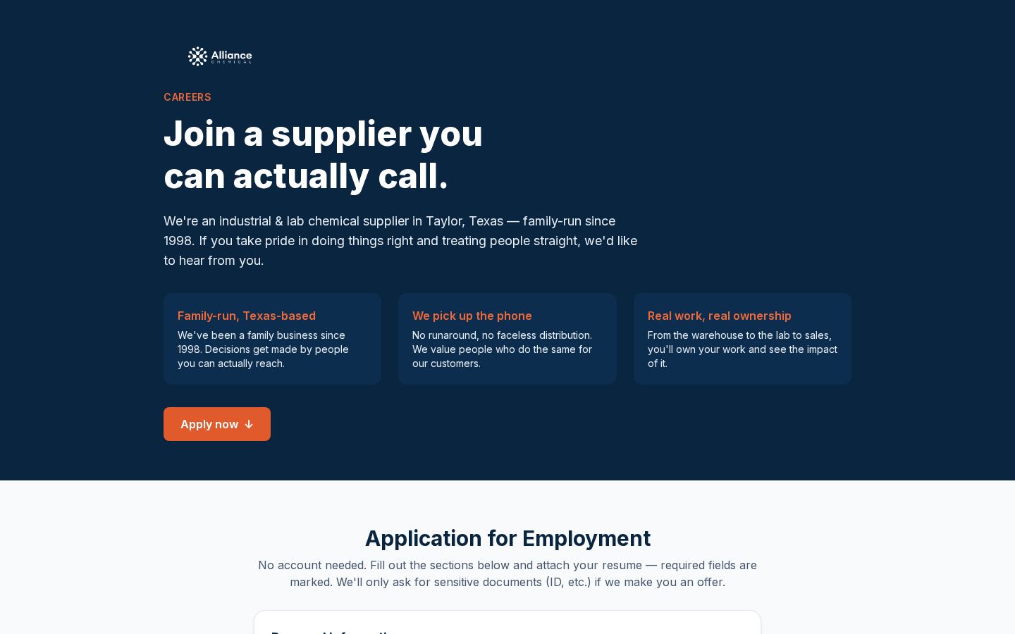 Careers site: applications with resume upload and a hiring team that is notified the moment one lands.