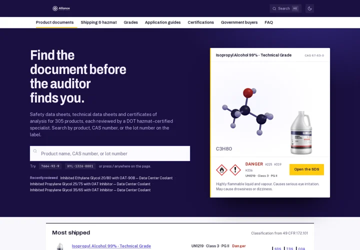 Alliance Chemical technical library with product search and links to safety and technical documents