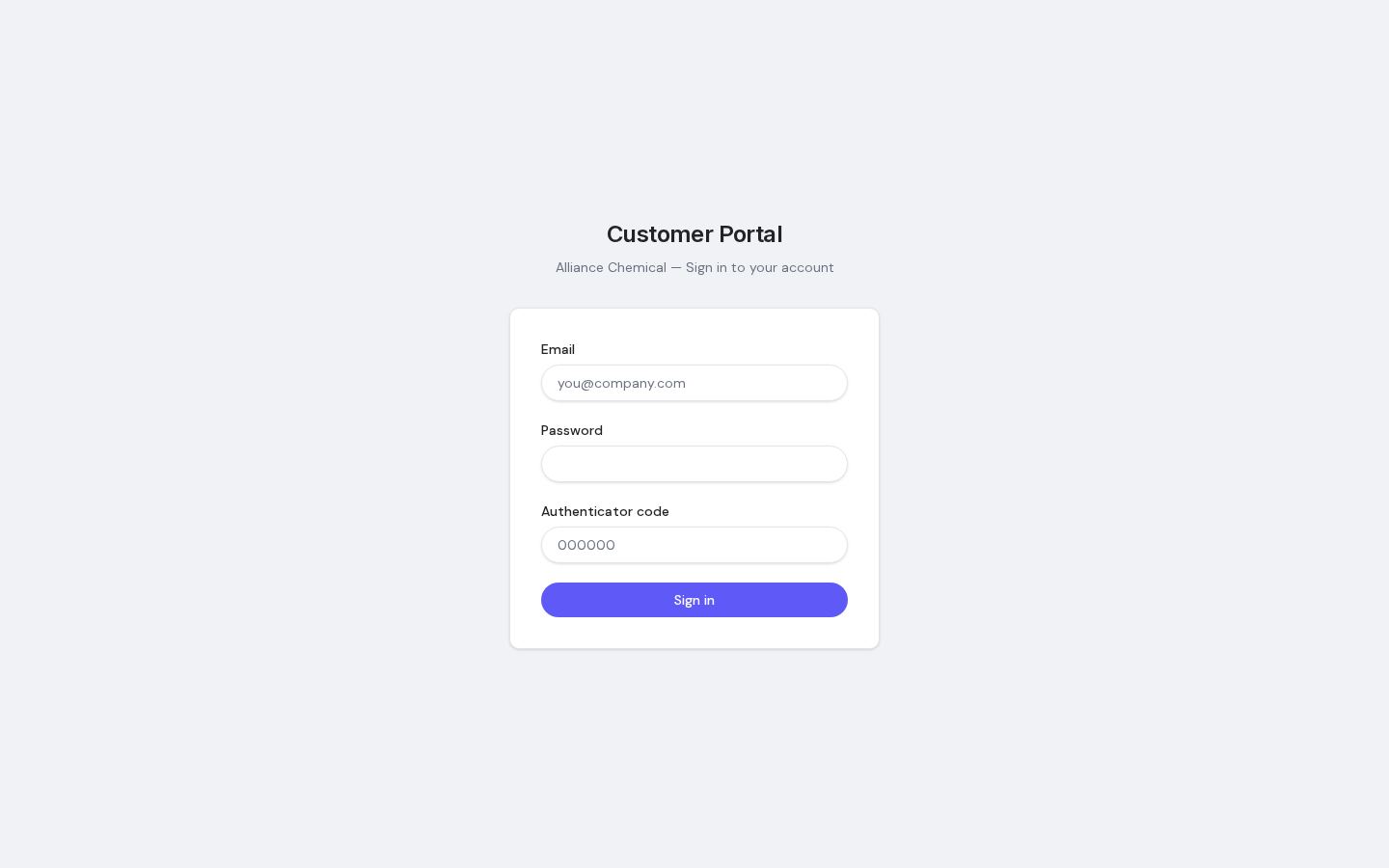 Customer portal: orders, invoices, credit applications, PO submission and document access, with two-factor sign-in.