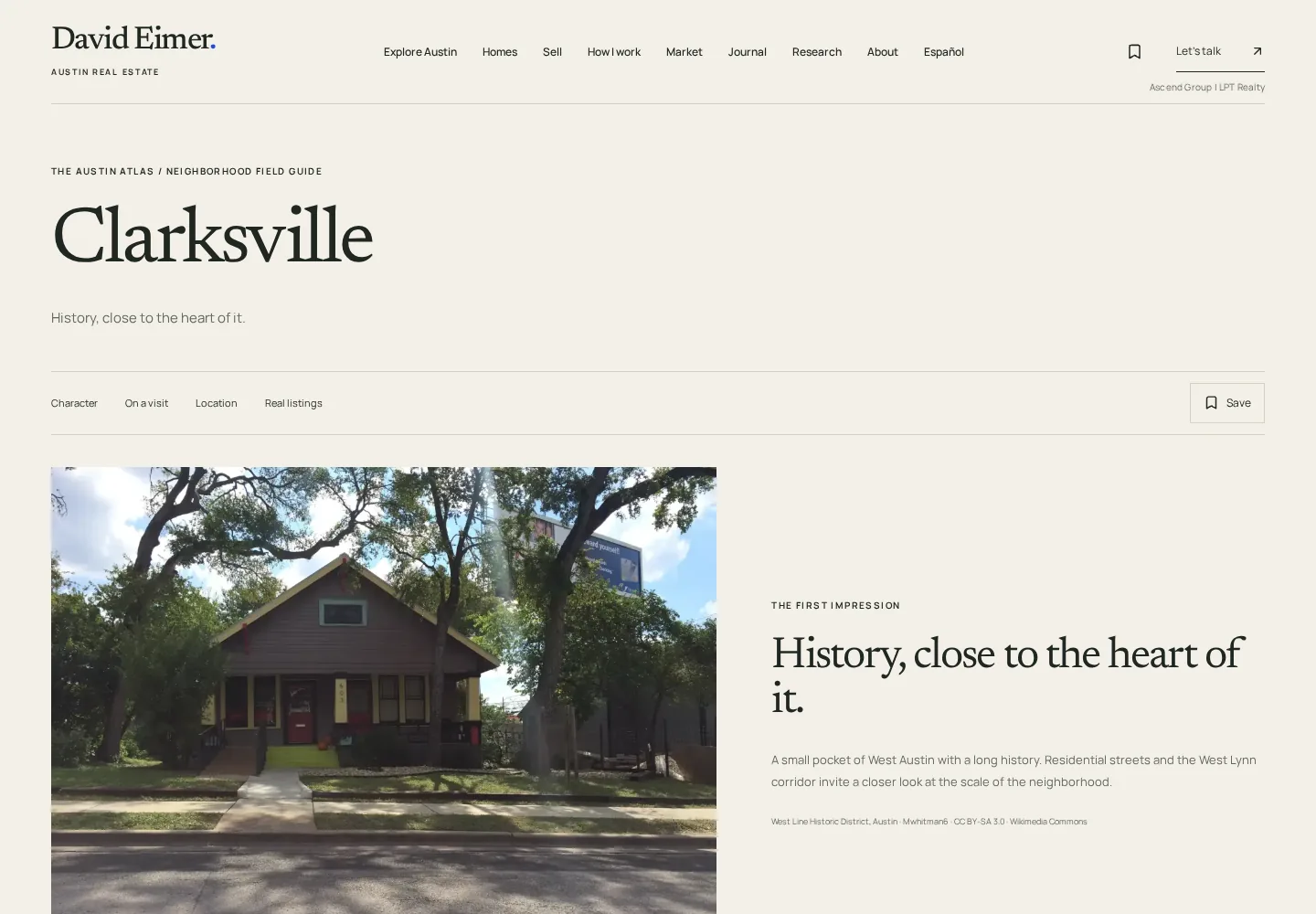 Clarksville field guide opening with a photograph of a bungalow in the West Line Historic District