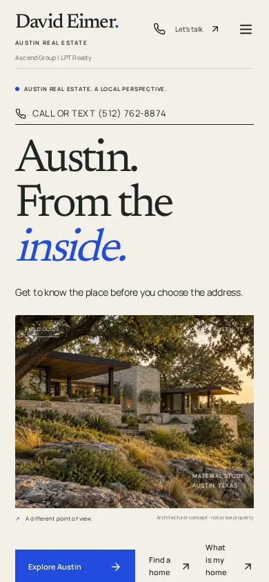 David Eimer homepage on a phone, with a call-or-text link above the editorial headline and concept image