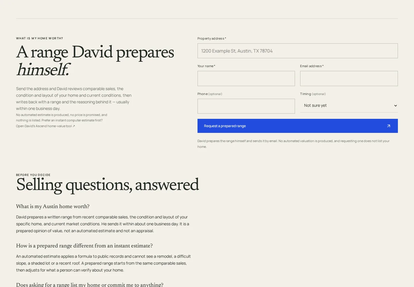 Seller page form titled A range David prepares himself, asking for a property address, name, email, phone and timing, beside a note that no automated valuation is produced